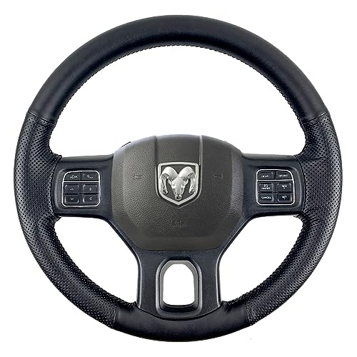 Black Side Perforated Leather Black Stitching Steering Wheel Protector Cover Hand-Stitch on Wrap Fit for Dodge Ram Heavy Duty 1500/2500/3500/4500/5500 2013-2019 (No Marker Strip)