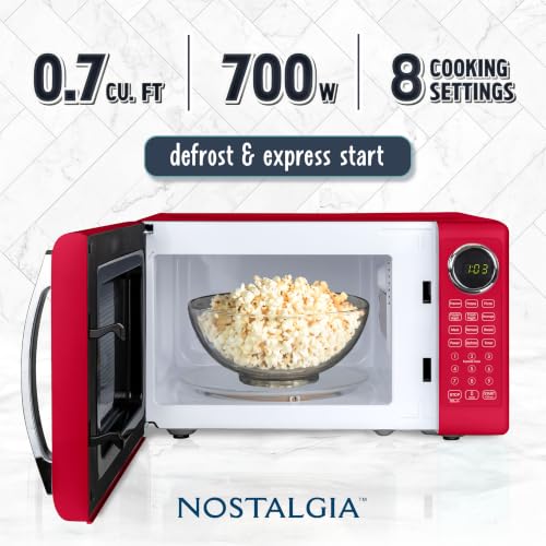 Image of Nostalgia Modern Retro Compact Countertop Microwave Oven - 0.7 Cu. Ft. - 700-Watts with LED Digital Display - Child Lock - Easy Clean Interior - Red
