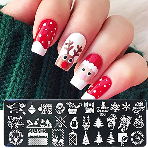 Lukap Christmas Snowflakes Nail Stamper Kit 6 Pcs Stamping Plates 1 Scraper Snowman Pine Tree Bell Words Winter Art Stencil Stainless Steel Templates For Designer Manicure Tools, 8 Piece Set #TOP2