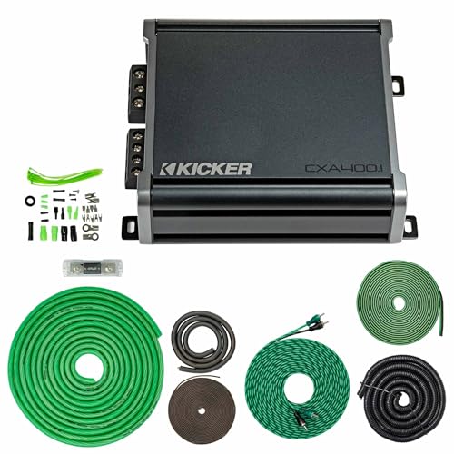 Kicker 46CXA4001 400W CX Series Mono Class D Subwoofer Amplifier + SoundBox 4 Gauge Amp Kit Bundle Complete AWG Wiring 5000W OneOhm Stable Variable 12dB Crossover KickEQ Bass Boost
