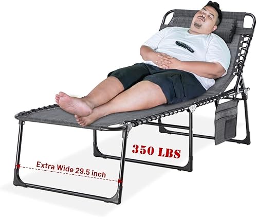 Ezcheer Oversize Folding Chaise Lounge Outdoor, 16 inch Extra High Patio Camping Sunbathing Recliner, Support 350lbs Lay Flat Pool Beach Lawn Chair with Storage Bag Grey