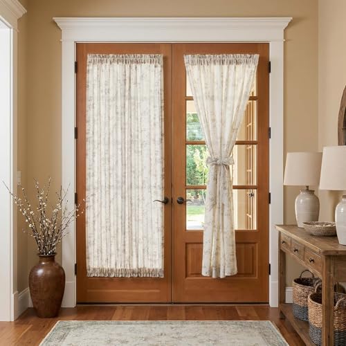 Image of jinchan Floral French Door Curtain Panel Farmhouse Decor Light Filtering Linen with Tie Up Bow for Glass Door or Patio 72 Inch Length Rod Pocket 1 Panel Taupe on Linen