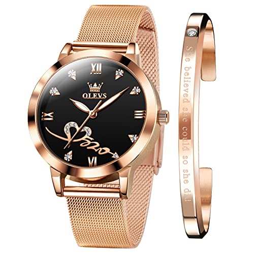 Image of OLEVS Rose Gold Watch for Women Mesh Strap Fashion Dress Hearts Japanese Quartz Waterproof Luminous Ladies Watches Bracelet Sets