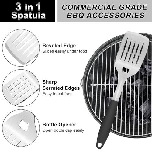 POTWIY - Herramientas para parrilla de acero inoxidable de 15.8 pulgadas, juego de espátula y tenedor para barbacoa, 2 piezas 11