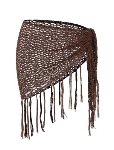 ZAFUL Crochet Sarong Coverups for Women Beach Vacation Shell See Thru Tie Side Bathing Suit Cover Up Mini Skirt (c-3-Brown One Size)