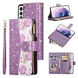 UEEBAI Wallet Case for Samsung Galaxy A13/A04s, Glitter PU Leather Magnetic Closure Handbag Zipper Pocket Case Kickstand Card Slots with Wrist Strap TPU Flip Cover for A13 5G/4G - Bling Purple