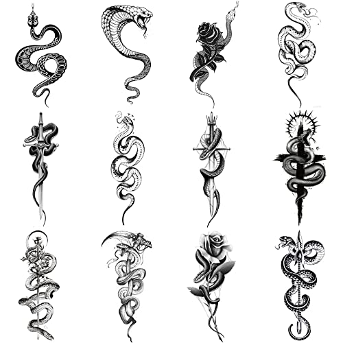 12 Piezas Hojas Tatuajes Temporales Serpientes, Pegatinas Tatuajes Falsos Hombres, Tatuajes Temporales Mortífagos, Adecuados para Tatuarse Temporalmente(Serpiente)