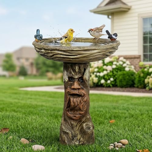 Image of SunJet 24 inch High x 19 inch Diameter Outdoor Bird Bath with Tree Face Pedestal - Fibre Reinforced Concrete Birdbaths with Decorative Birds for Garden, Patio, Yard, Lawn Decor
