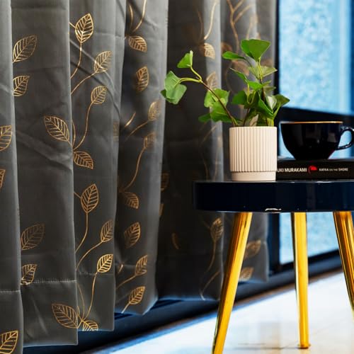 Image of Urban Space 80-85% True Blackout Curtains for Window, Gold Foil Printed Blackout Curtains, Blackout Decorative Window Curtain Eyelet with Tieback, 1 Piece Curtain for Living Room(Leaf Grey, 5 Feet)