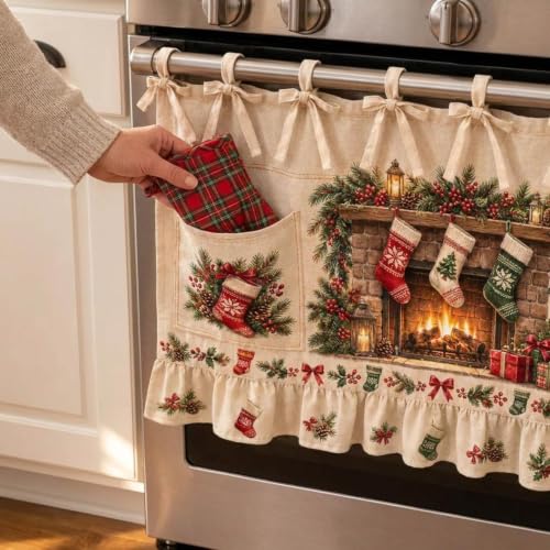 Aufmer Vintage Fireplace Print Christmas Oven Skirt Curtains W/ 2 Pockets - image 3