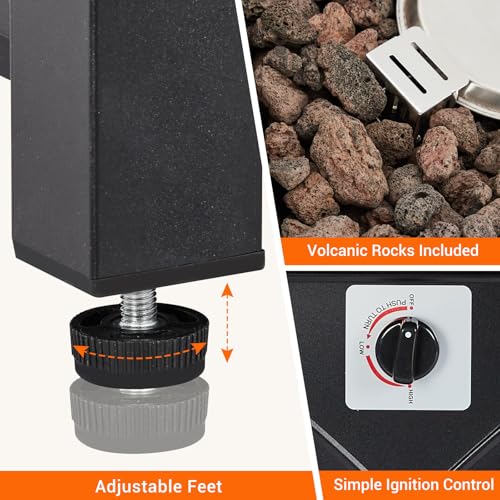 28 Inch Propane Fire Pit, Outdoor Gas Fire Pits Table 50,000BTU Squre Firepits Table with Lid and Lava Rock for Yard Patio Garden Outside Party
