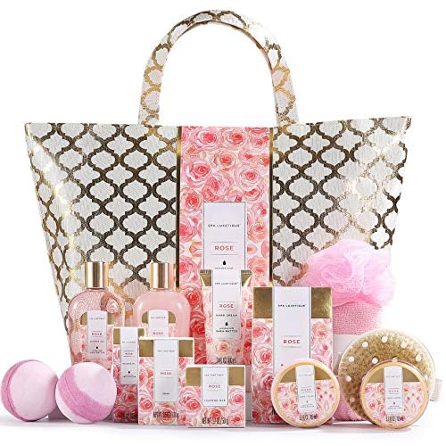 SPA LUXETIQUE 15 tlg. Rosenduft, Bade Geschenkset für Frauen, Geburtstagsgeschenk für Damen mit Duschgel, Badebomben, Geräumige Handtasche, Geschenk für Frauen, Bade Geshcenkset zum Valentinstag