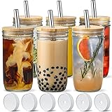 [ 6 Pack ] Glass Cups Set - 24oz Wide Mouth Mason Jar Drinking Glasses w Bamboo Lids & Straws &...