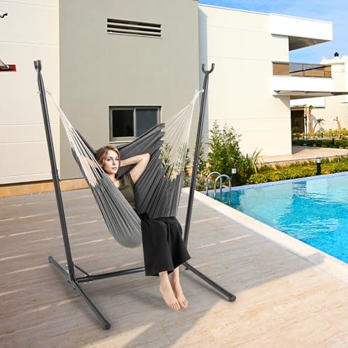 COSTWAY Hamaca con Soporte, Silla Colgante Exterior, Altura Ajustable 6 Posiciones y Bolsillo Lateral, Marco Metal, Silla Hamaca Salón Jardín Terraza Balcon Interior Exterior, 160 x 142 x 170 cm - imagen 9