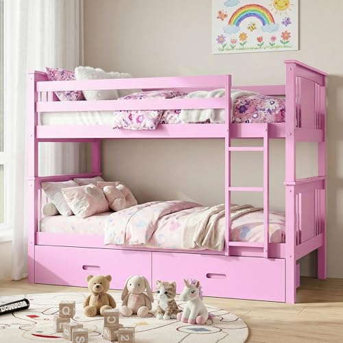 UNDUSLUY Bunk Bed Twin Over Twin Convertible Wood Bunk Beds with 2 Storage Drawers Solid Wood Slats Widened Guardrail Sturdy Ladders No Box Spring Needed Pink