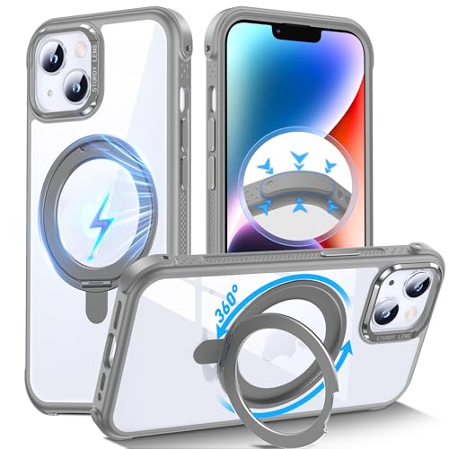 Coque transparente iPhone 14 compatible MagSafe avec béquille antichoc gris