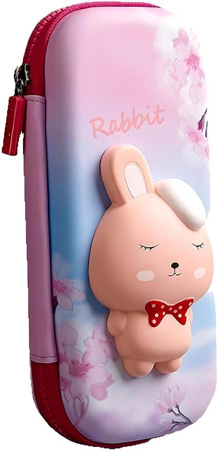 Image of 3D Pink Rabbit Pencil Box with Cute Squishy for Boys for Girls and Kids for School 3D Embossed Pencil Zipper Pouch Storage Box Pencil case (Small Cute Pink Rabbit)