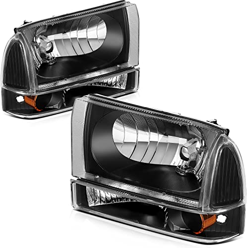 TUPARTS Headlight Assembly Suits For Ford Super Duty For F-250 For F-350 For F-450 1999-2004,For Excursion 2000-2004 Black Housing Headlamp Replacement Left Right Side