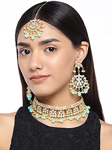 Image of Aheli Elegant Indian Faux Kundan Studded Choker Necklace with Maang Tikka Set Ethnic Wedding Wear Bharatanatyam jewellery set Gift for Women