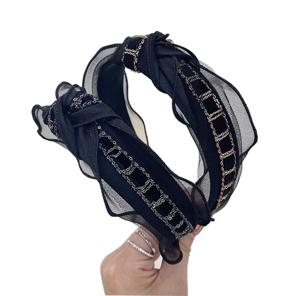 Wiwpar Knotted Headbands for Women Fashion Wide Beaded Headband Rhinestone Head Bands Hair Hoop Hair Accessories Black (Style 6)