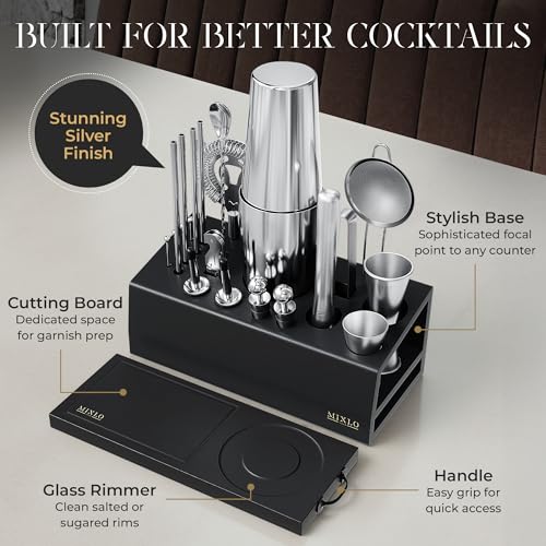 MIXLO HOME Mixology Bartender Kit - 22Pcs Bar Set Cocktail Shaker Set w Black Bar Cart Accessories Stand - Shakers Bartending Silver Tools, 24oz Shaker, 17 Recipe Cards, Martini Barware