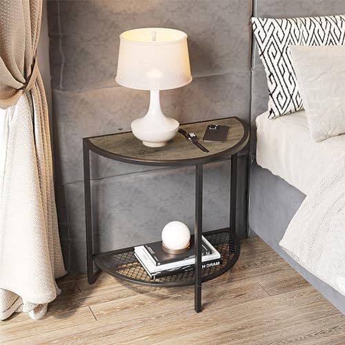 SAYGOER Small Half Moon Side Table 19.7 Bed Night Stand 18.7*10.4 Gray End Tables for Living Bed Room 2 Tier Faux Wood Couch Tables with Storage Shelf Adjustable Feet Rustic Gray
