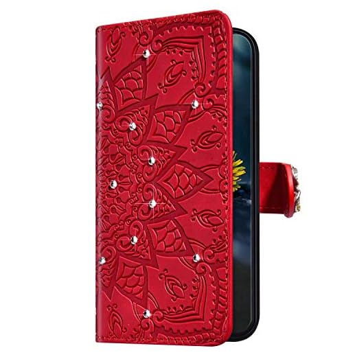 Uposao Kompatibel med Samsung Galaxy J3 2017 fodral mobilskal glänsande glitter bling strass diamant mandala blomma plånbok läder fodral vikbart fodral plånbok skyddande fodral, röd