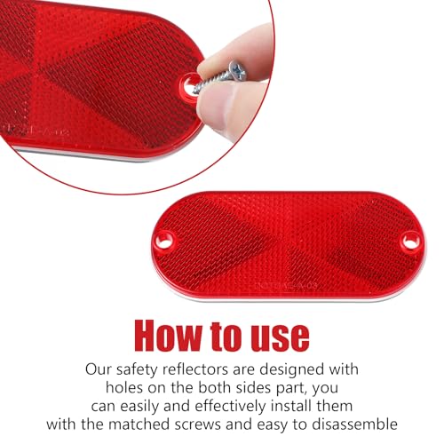 Image of 10 Pcs Front Reflector Oval Reflector with Mounting Hole, Driveway Trailer Reflectors with 20 Screws, Safety Reflectors for Fence, Gate, Posts, Garage, Car, Tunnels, Mailbox (Red, 4.45 inch * 1.96 inch)