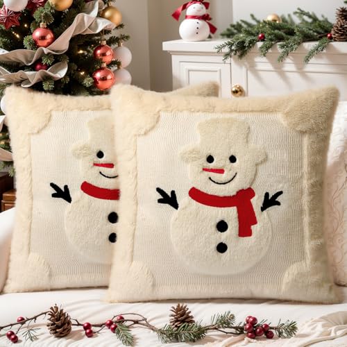 SEGXCFL Christmas Pillow Covers Set of 2 Soft Plush Faux Fur Pillow Cases 3D Embroidered Decorative Couch Cover Home Decor Christmas Throw Pillow Covers 18x18 Beige Snowman