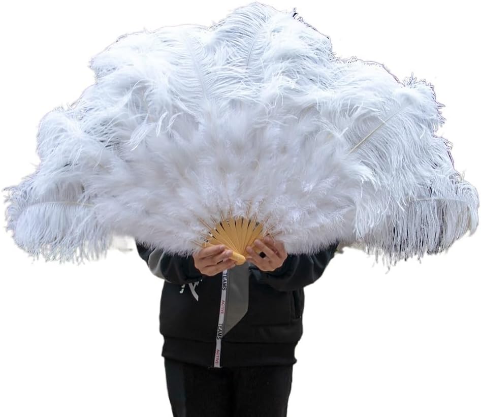 Large Ostrich Feather Fan Large Ostrich Feather Fans 100cm 130cm Handheld Marabou Plumes Fan for Burlesque Dance, Costumes Halloween Show Props(White,2pcs 100cm)