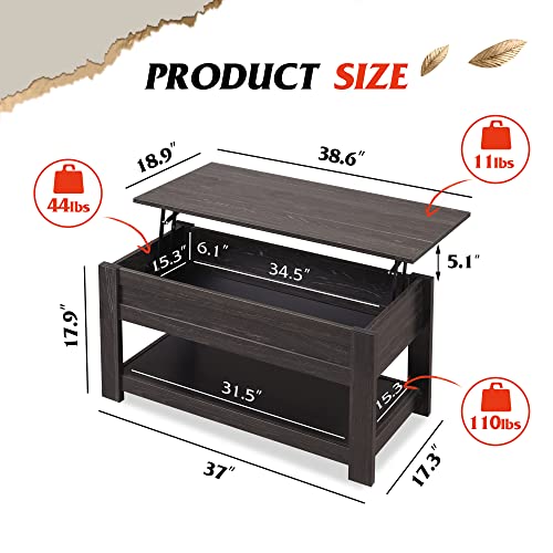 Wlive Modern Lift Top Coffee Table,Rustic Coffee Table With Storage Shelf And Hidden Compartment,Wood Lift Tabletop For Home Living Room,Black. #TOP2