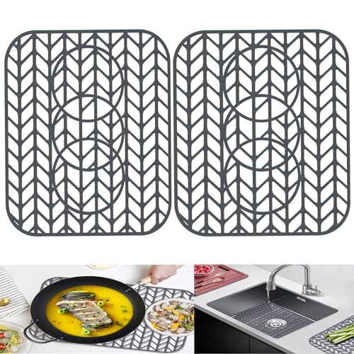 AWOKE Sink Protectors for Kitchen Sink - 13.6"x 11.6" Sink Mat - Heat-resistant Easy-clean Silicone Sink Mat - for Protection of Stainless Steel Sink with 3 Reserved Holes Pack of 2