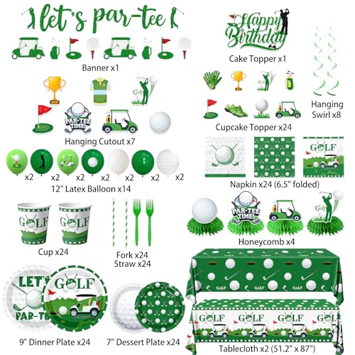 Image of Golf Party Decorations, All-in-1 Golf Birthday Decorations with Balloons Let's Par-Tee Plates Napkins Cake Toppers Honeycombs Tablecloths and Banner for Sports Themed Birthday Baby Shower, Serve 24