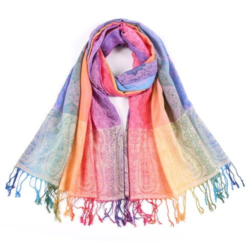 Rainbow Paisley Pashmina Scarf, Tassel Fringe Shawl, Ethnic Style Fashion Wrap，Multi-Color