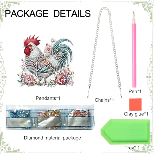 Image of 5D DIY Diamond Painting Pendant Kit - Rooster with Floral Design, Handmade Acrylic Diamond Art Hanging Ornament for Wall Window Home Decoration and Gift