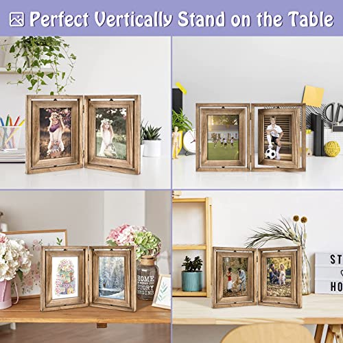 Emfogo 5X7 Picture Frame Rustic Wood Hinged Folding Double Photo Frame, Double Sided Display Rotatable High Definition Glass Collage Picture Frames Vertically On Tabletop (Carbonized Black) #TOP3