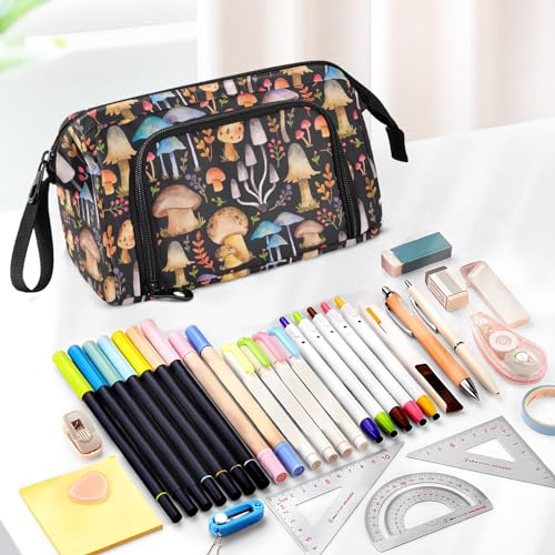 Image of Mushrooms Print Big Capacity Pencil Pen Case Large Pencil Pouch | Portable Multi Compartment Zipper Pencil Bags Stationery Storage for Men Women College Office