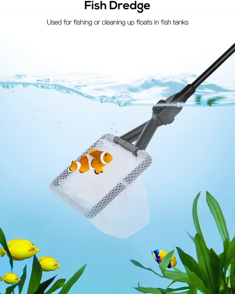 Algae Scraper, Fish Net, Sponge Brushes, Algal Brush & Sand Rake Included, Aquarium Cleaning Tools, 6-in-1 Telescopic Fish Tank Cleaner Kit with 34 in Adjustable Handle