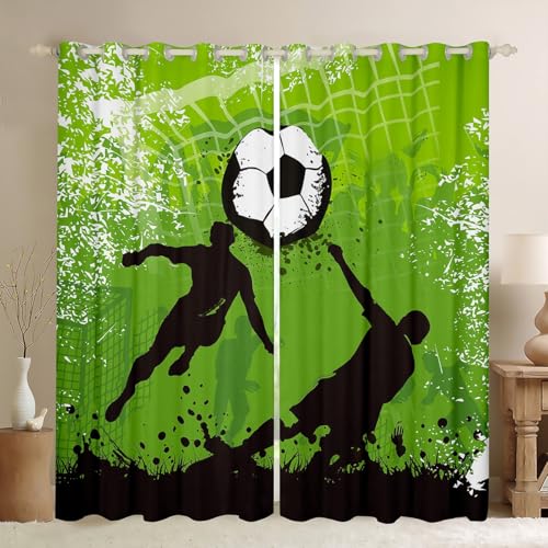 Boys Soccer Curtains,Cartoon Sports Games Window Curtains for Boys Girls Teens,Green Football Field Window Treatment Curtains Home Decor,Tie-dye Darkening Drapes for Living Room Bedroom,84Wx63L