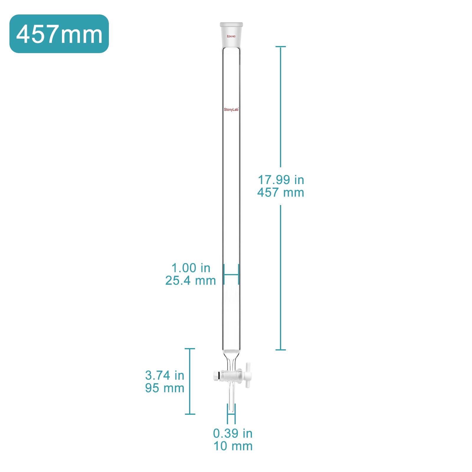 stonylab Colonne de Chromatographie, Diamètre Intérieur de 25,4 mm, Longueur Effective de 457 mm, Bouchon de Sable G2, Joint Conique Standard 24/40, Verre Borosilicate, pour Application de Laboratoire