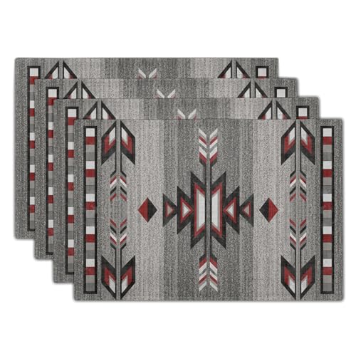 Giwawa Southwestern Placemats, Grey Red Tribal Geometric Decorative Table Mats, Native American Ethnic Farmhouse Non-Slip Place Mat for Dining Kitchen Party, 12x18Inch, Set of 4