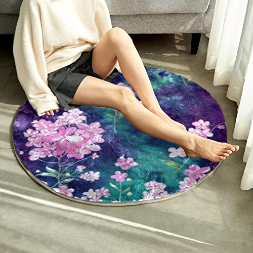 Personalized Fluffy Area Rugs Plush Circle Floor Carpet Mat Purple And Green Batik Fabric Texture With Flowers Faux Fur Area Rug #TOP5