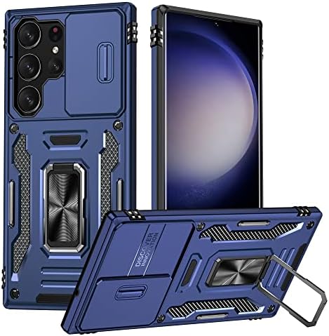 Samsung Galaxy S23 Ultra Case - Shockproof Cases for S23 5G - Anti-Fall Drop Protection - Built-in Slide Anti-Scratch Camera Lens Cover - Integrated 360 Degree Rotating Ring Kickstand,6.8 Inch,Blue