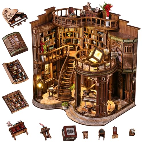 Havefunfun Dreamy Book Hall Book Nook Kit DIY Miniature Dollhouse 3D Wooden Puzzle Multi-Layer Vintage Library with LED Warm Light Premium Imported Wood Bookends Creative Gift for Adults & Teens