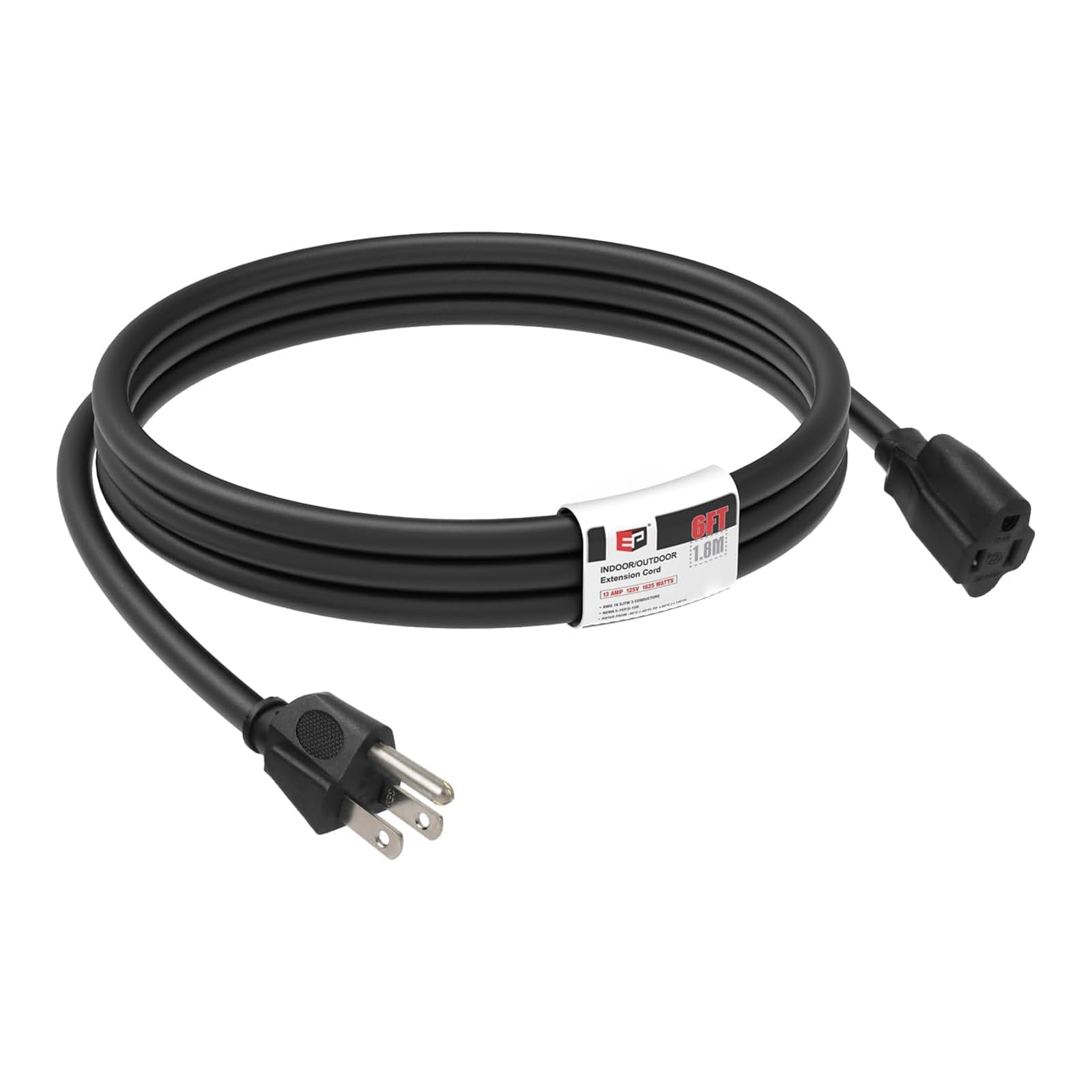 EP 6 Ft Outdoor Extension Cord - 16/3 SJTW Durable Black Electrical Cable with 3 Prong Grounded Plug