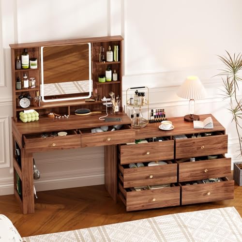 YYJ 74.8\'\'Makeup Vanity Desk with Large Mirror and Lights&Charging Station,Modern Corner Vanity Table with Shelves,Makeup Table for Bedroom,Walnut
