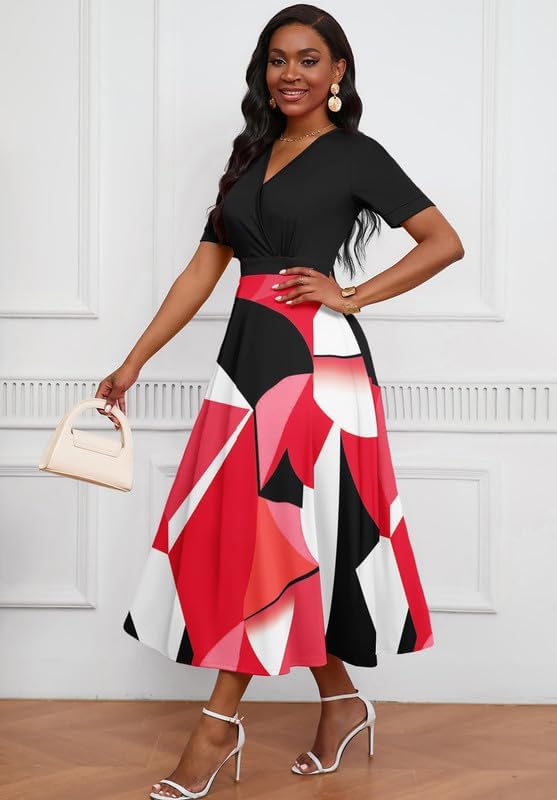 Image of MarryUP Women's Midi Dresses - V Neck Cocktail & Church Tea Dresses - Short Sleeve A-Line Swing Dress