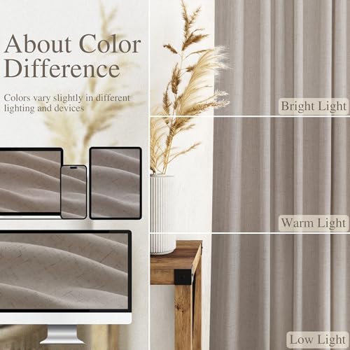 Image of Nanspring Linen Curtains 90 Inch Long for Living Room Back Tab Stone Beige