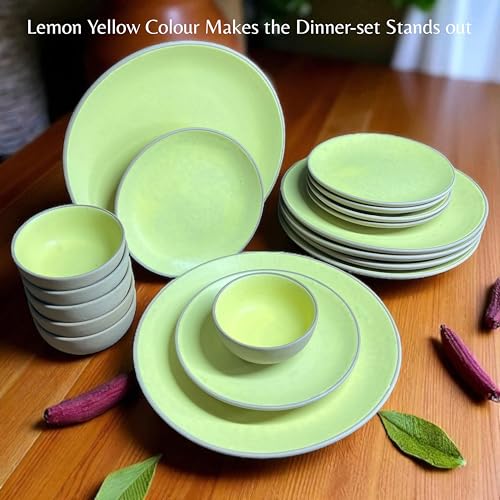 Image of Hand Painted Ceramic Dinnerware Set - 18 Pieces | 6 Dinner Plates, 6 Small Plates, 6 Katori Bowls | Earthy Yellow| Microwave & Dishwasher Safe | Perfect for Home & Gifting