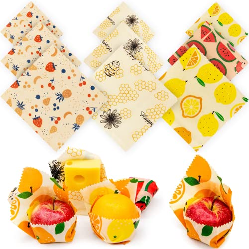 Reusable Beeswax Food Wraps Set – 9 Pcs Assorted Sustainable Beeswax Wrap, Washable Wax Wrapping, Bread Sandwich Storage Wax Covers (3 Each for Small, Medium, and Large)